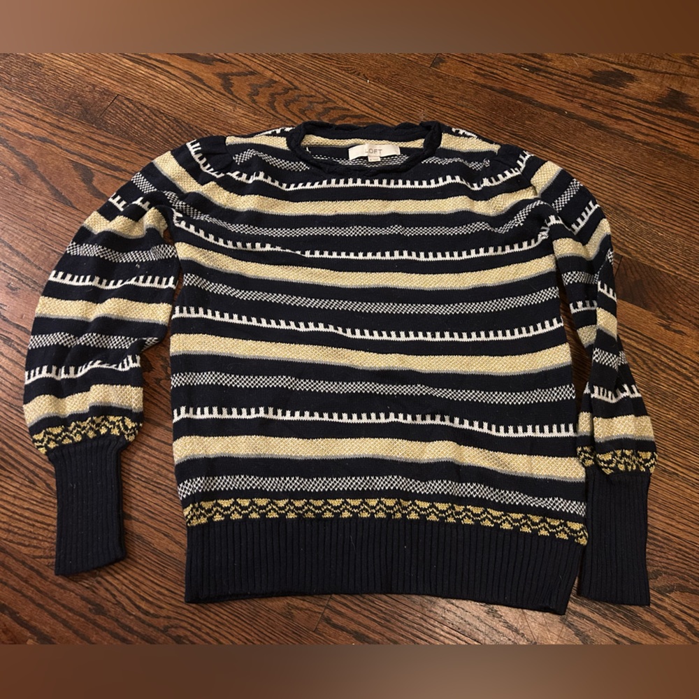 Loft navy blue and gold striped sweater metallic thread size medium-nwot